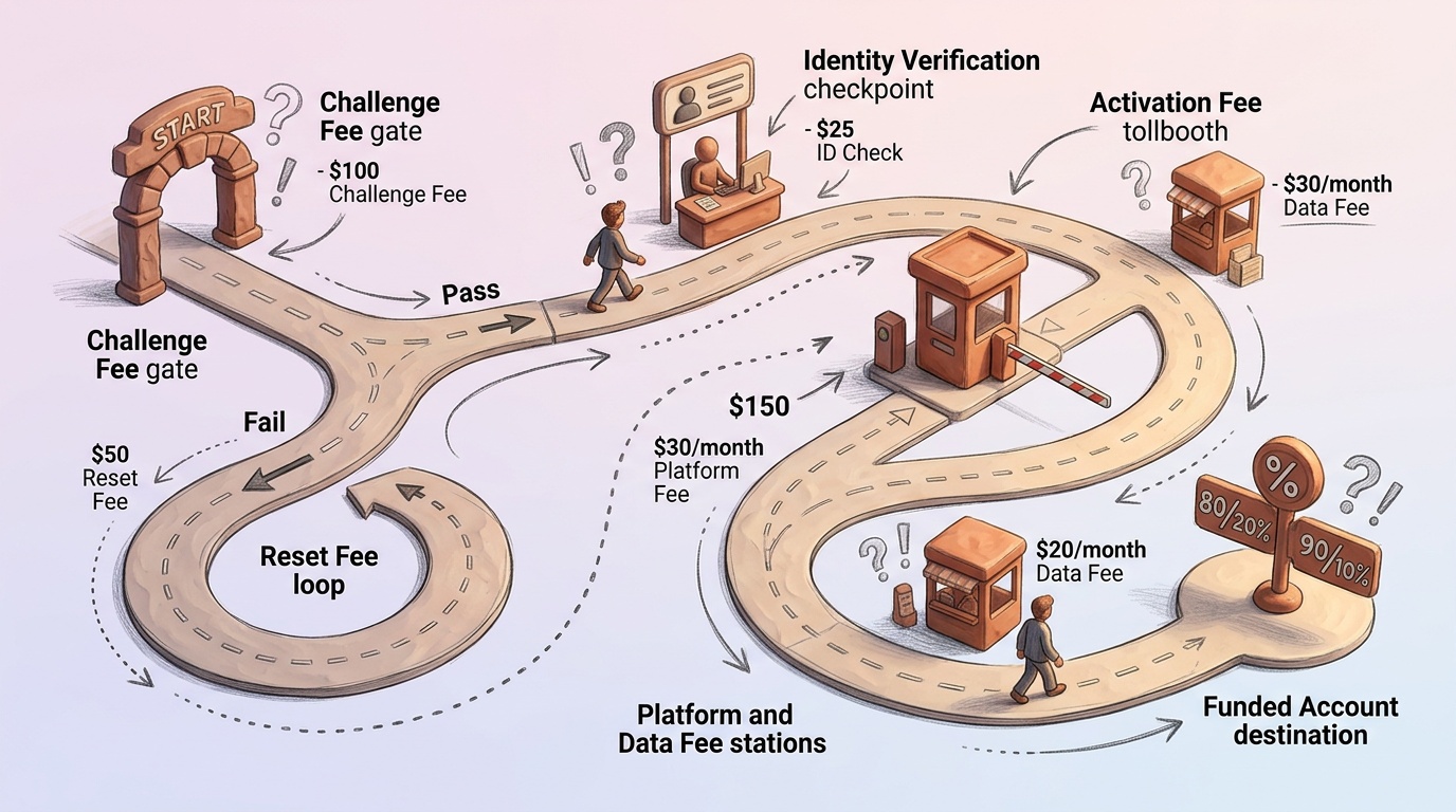 Prop firm fee journey diagram showing all cost stages