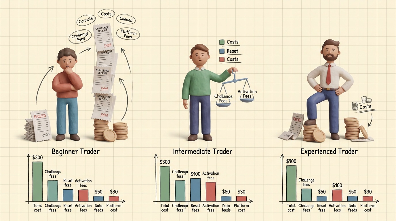 Total cost analysis across three prop firm trader scenarios